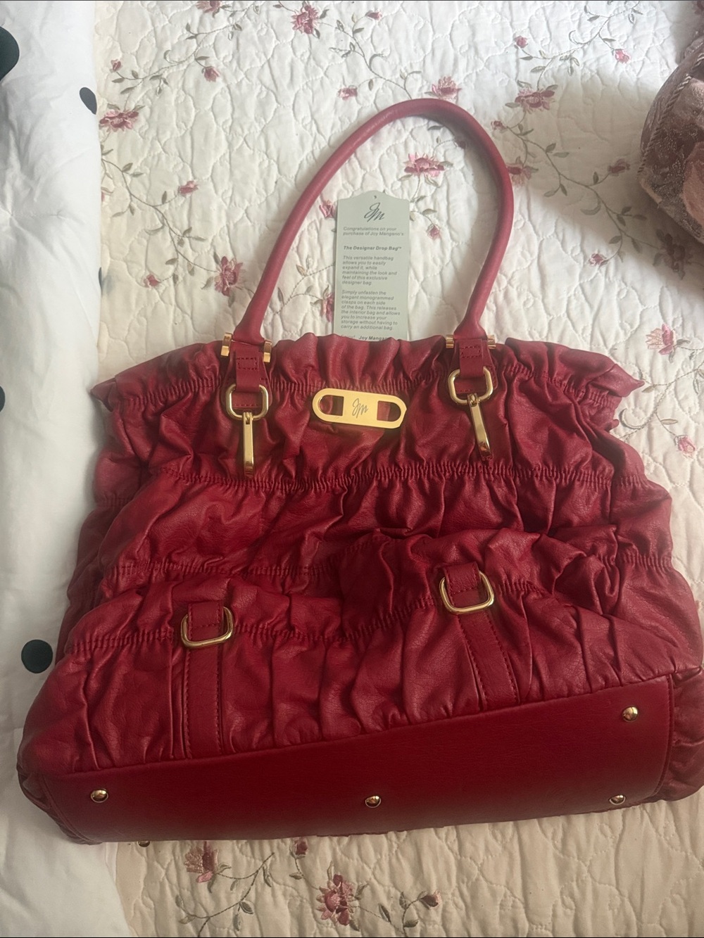 Joy Mangano Red Ruffled Leather Tote with Gold Hardware